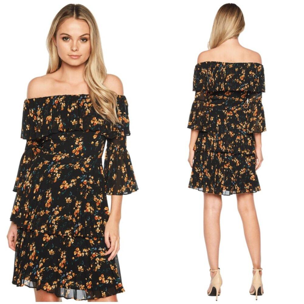 Bardot Pleated Ditsy Floral Off the Shoulder Dress Black Size 4 New With Tag